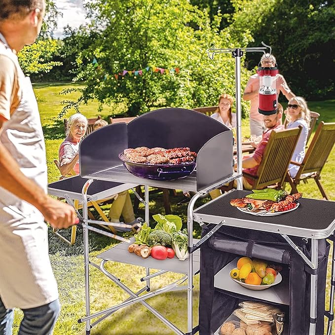 Folding Cooking Table Outdoor Portable Cook Station Aluminum Camping Kitchen with Storage Organizer, Windscreen, Hooks for BBQ, Party (Black)