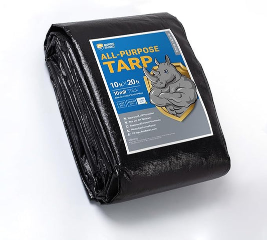 GUARD SHIELD Tarps Heavy Duty Waterproof 10x20 Feet Black Poly Tarp Cover Outdoor Thick UV Resistant Tarpaulin with Grommets 10mil