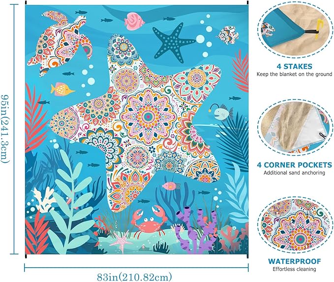 Beach Blanket Waterproof Sandproof, Bohemian Starfish Oversized Extra Large Beach Mat 83"×95"/8 × 7 FT for 1-7 Adults for Picnic Travel Camping Hiking, Quick Drying Lightweight Vacation Essentials