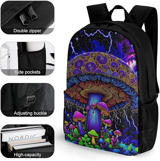 Supdreamc Daypack Bookbag Multipurpose Anti-Theft Big Capacity Carry On Bag, Psychedelic Magic Mushrooms Trippy Galaxy Space Art Travel Hiking Camping Rucksack With Padded Straps