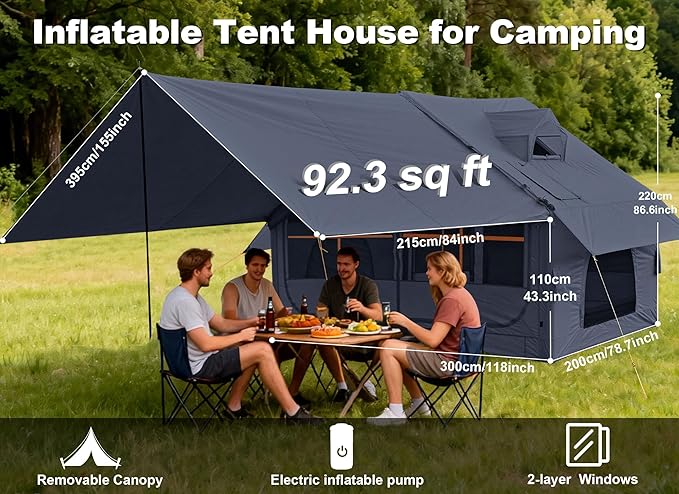 Inflatable Camping Tent,2/4/6/8 Person Glamping Inflatable Tents with Awning, Quick Setup Blow Up Tents with Pump, Waterproof Oxford Inflatable House for Camping, Air Glamping Hot Tents for Adult