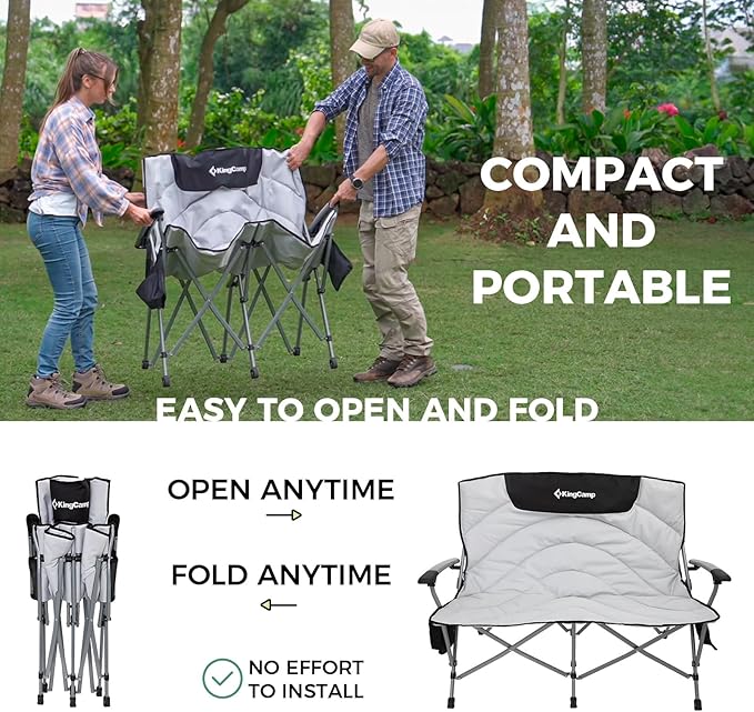 KingCamp Double Camping Chair for Adults, Oversized 2-Person Portable Folding Chair 600 lbs Heavy Duty Outdoor Loveseat with Armrest Cup Holders, Padded Seat and Back for Camping Picnic Patio