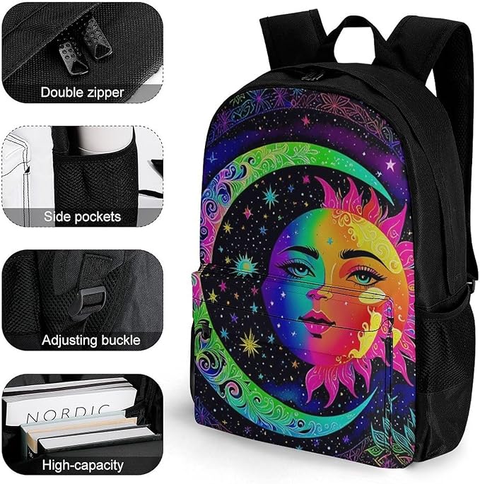 Supdreamc Men Women Polyester Psychedelic Sun And Moon Art Casual Daypack Large Capacity Carry On Bag With Adjustable Shoulder Straps for Camping Work Running