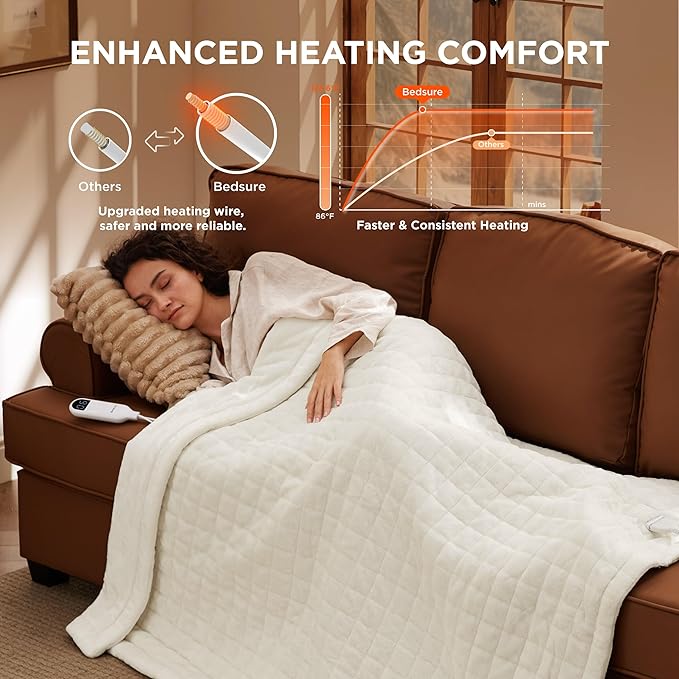 Bedsure Heated Blanket Throw Blanket - Quilted Electric Blanket, Soft Flannel Thick Heating Blanket with 4 Time Settings & 6 Heating Settings, Warm Gifts for Women Men (50x60 inches, Ivory)