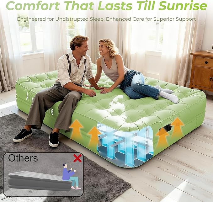 Queen Air Mattress with Built-in Battery Pump, All Luxury Cooling Pongee Fabric Material, Waterproof & Leakproof Air Mattress Queen, Portable Foldable Guest Bed (18", Green)