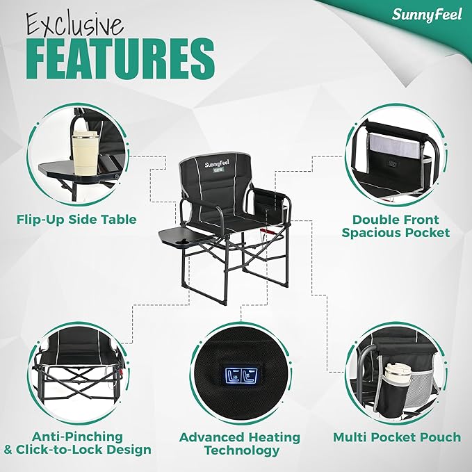 SUNNYFEEL Heated Camping Directors Chair, Heavy Duty,Oversized Outdoor Portable Heating Folding Chair with Side Table, Pocket for Beach, Fishing,Trip,Picnic,Lawn,Concert Foldable Camp Chairs