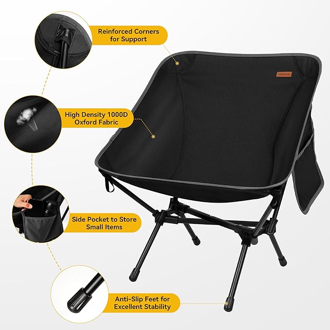 TOBTOS Ultralight Camping Chair, Portable Folding Backpacking Chair, Compact Camping Chair with Carry Bag for Outdoor Camp Hiking Backpack Beach Travel (Black)