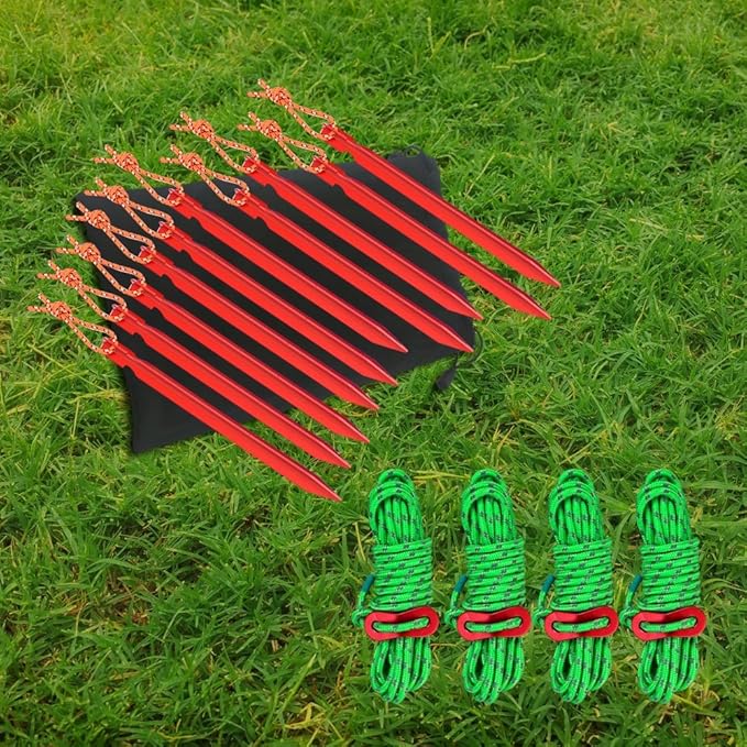 SourceTon 10 Pack Tent Stakes with 4 Reflective Guy Lines - 7075 Aluminum Lightweight Rust-Free Camping Pegs for All Terrains, Includes Adjustable Cord & Carry Pouch (7" Heavy Duty)
