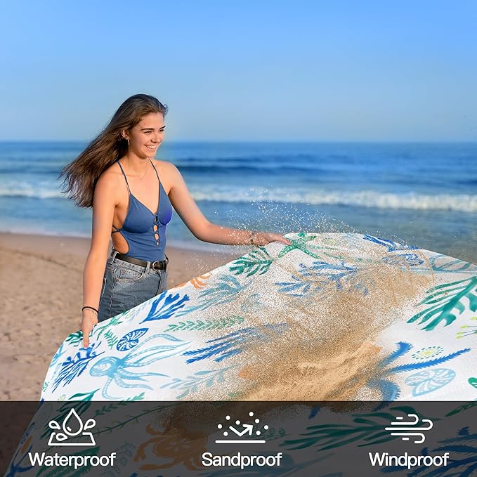 Beach Blanket Waterproof Sandproof Oversized, 110''×118'' Extra Large Beach Mat Sand Free, Lightweight Compact Foldable Picnic Blanket w/ 4 Stakes & Pockets for Camping, Travel, Beach Accessories