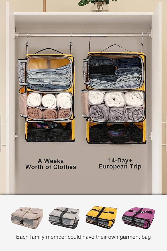 ELEZAY Hanging Packing Cubes Portable Closet 3-Shelf Travel Collapsible Compression Garment Organizer for Carry-on Luggage Suitcase Space Saver Bag X-Large_No Side Pockets, Yellow