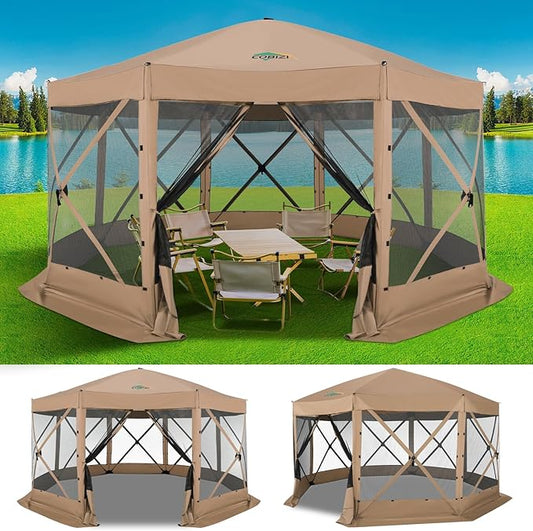 COBIZI 15x15 FT Pop Up Gazebo - Canopy Tent, Large Gazebos On Clearance,Instant Screened in Gazebo,carpas para Patio,Portable Screen Tents for 12-15 Persons Outdoor Camping, Backyard,Khaki