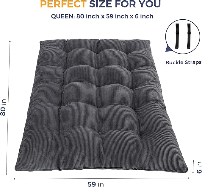 MAXYOYO 6" Japanese Floor Mattress, Foldable Futon Mattress Queen Size, Tufted Roll Up Floor Bed, Thick Tatami Mat Sleeping Pad Portable Lounger for Camping Guest Room Dormitory Bedroom RV, Dark Grey