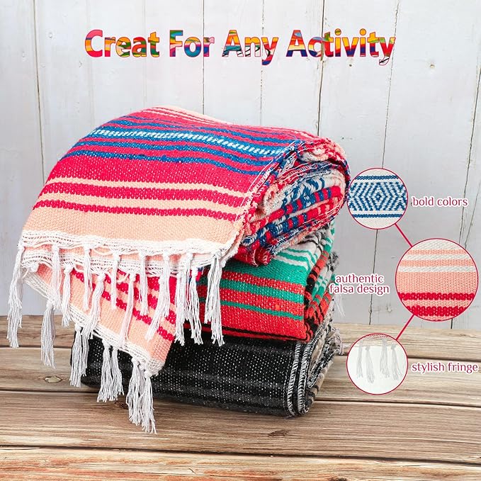 Peryiter 9 Pcs Mexican Blanket Bulk Large Yoga Blanket Striped Falsa with Fringed for Outdoor Beach Picnic Couch, 45 x 70 inch(Bright Colors)