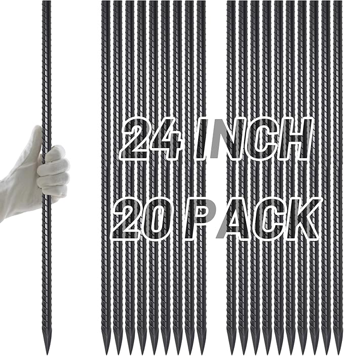 AAGUT Rebar Stakes 24 Inch Straight Garden Plant Stakes (20 pcs) 1/2" Thickness, Heavy Duty Metal Spikes for Concrete Forming, Landscape Timber, Fence, Ground Anchors with Chisel Point End, Black