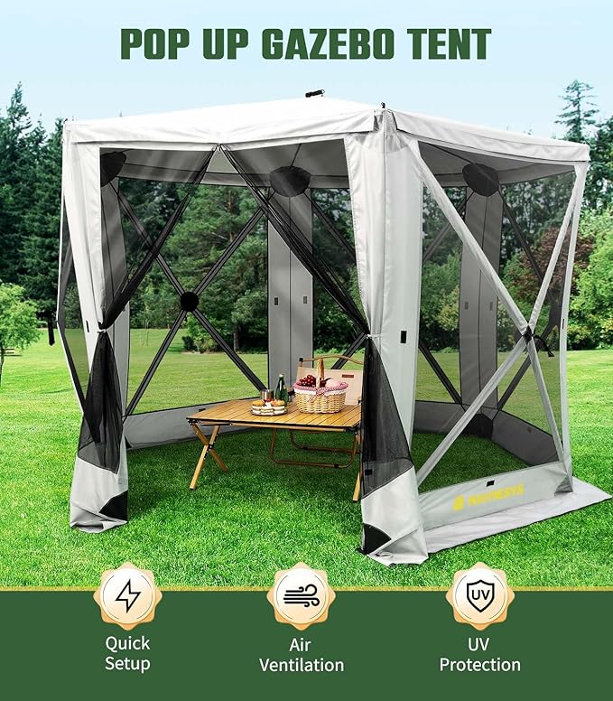 6 Sided Pop Up Gazebo Tent, Outdoor Gazebo with 6 Removable Wind Cloths, Pop-Up Canopy Shelter with Mesh Windows, Quick Set, 11x11 Feet Space, Camping Screen Tent for 8-10 Person Foldable