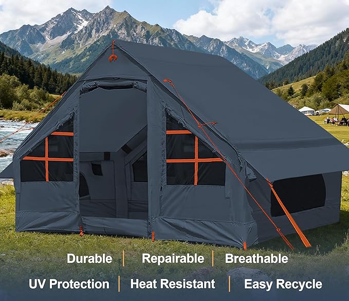 Inflatable Tents for Camping with Stove Jack, 2/4/6/8 Person Easy Setup Blow Up Tents for 4 Seasons Waterproof Inflatable Camping Tent with Awning, Air House Glamping Tents for Camping Adult