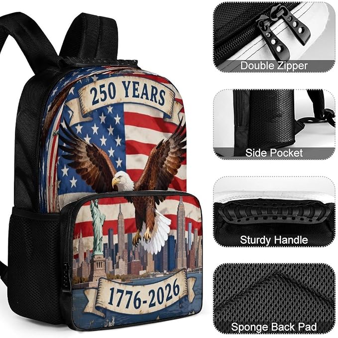 Men Women Polyester 250th Anniversary 1776-2026 Patriotic Eagle Art Backpack Large Capacity Bookbag With Smooth Zippers for Climbing Picnic Bicycle