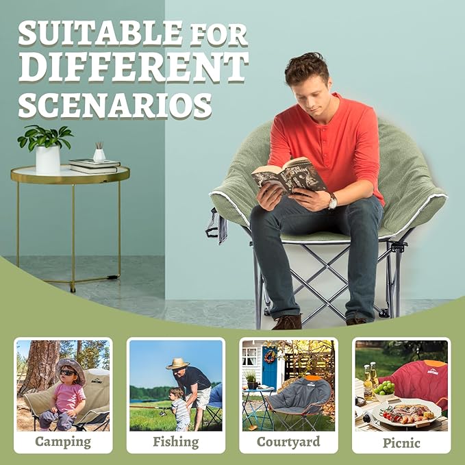 OUTDOOR LIVING SUNTIME Sofa Chair, Oversize Padded Moon Leisure Portable Stable Comfortable Folding Chair for Camping, Hiking, Carry Bag