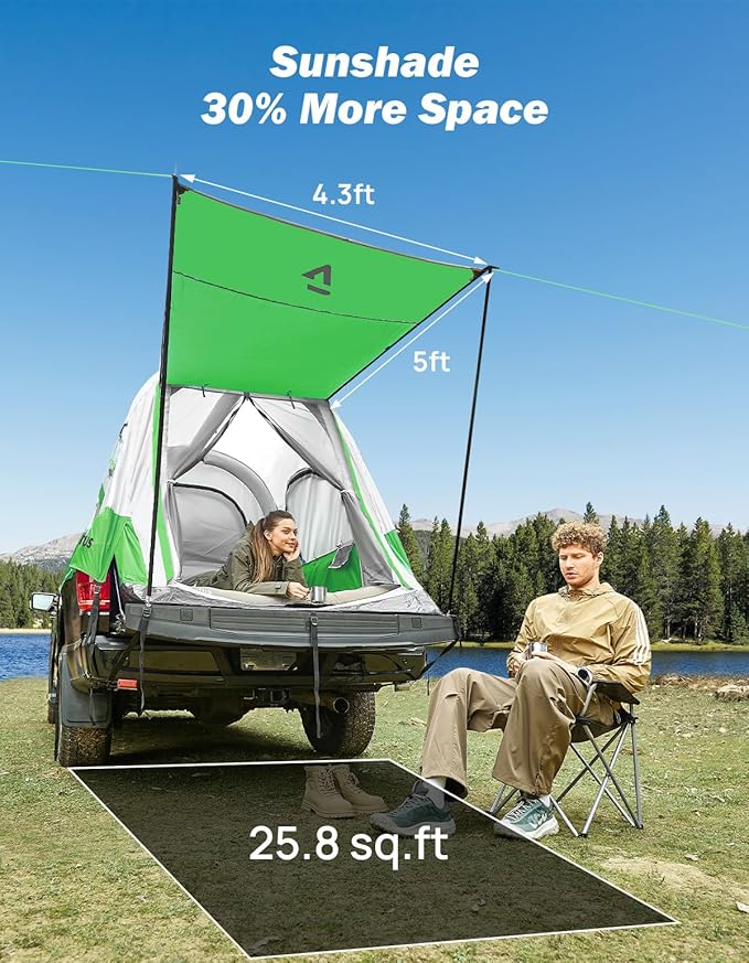 JOYTUTUS Inflatable Truck Bed Tent 5.5-6.5FT with Awning, Includes Air Pump for Quick 30S Setup, Dual-use Pickup or Camping Tent for 2 Person, Truck Tent with Waterproof Roof Shade and 3 Windows
