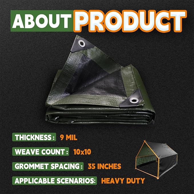 RAINDEWAY Tarps 8x10 Feet（5 Pack）,Tarp Waterproof,9Mil Thick Finished Size, Multipurpose Poly Tarp Cover with Metal Grommets and Reinforced Edges,Green/Black Tarpaulin