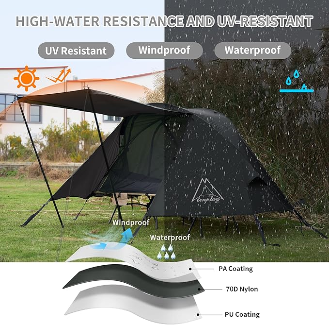 TENPLAY Cot Tent,Camping Tent,Backpacking Tent,3 Way Tent,Solo Tent,1 Person,Quick Setup,70D Nylon,pu5000mm,UV Cut,7001 Aluminium,Ultralight,Compact,Outerdoor,Hiking,Travel,Mountaineering