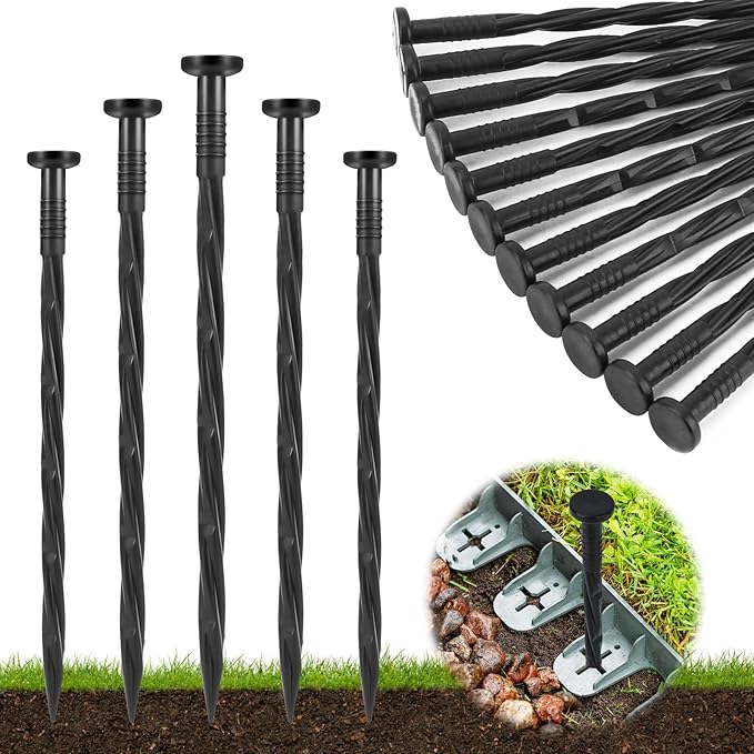 Landscape Edging Stakes, 100 Pcs 8" Plastic Garden Spikes, Spiral Nylon Anchoring Spikes for Paver Edging, Weed Barriers, Artificial Turf, Tent, Grass Pathway and More, Black