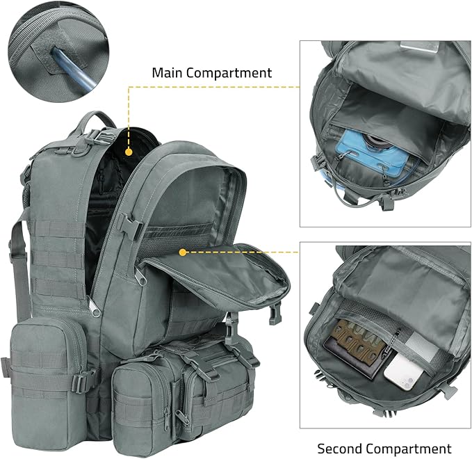 CVLIFE 60L Tactical Backpack for Men Women Military Large Army Rucksack With D-Ring Molle Clips Compass Accessories 3 Day Bug Out Survival Molle Bag Hiking Camping Gym Daypack Backpack, Grey