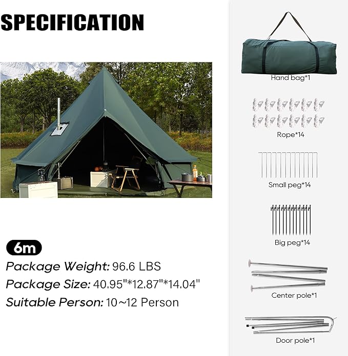 Bell Tent for Camping, Luxury Cotton Outdoor Tent, Yurt Canvas Tent with Stove Jack, for 4/6/8/10 Person Family 4 Season (19.7' (6M), Army Green)