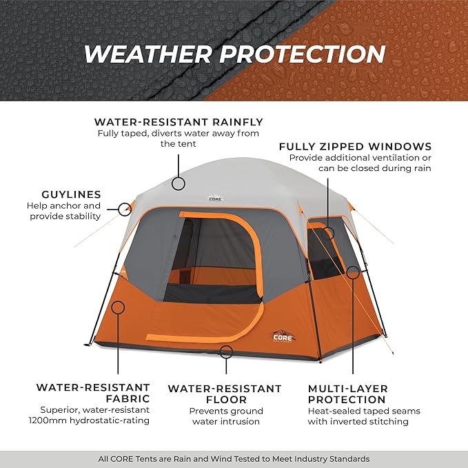 CORE Tent for Family Camping | 4 Person & 6 Person Portable Camp Tent with Carry Bag for Outdoor Car Camping | Included Gear Loft Organizer for Camp Accessories