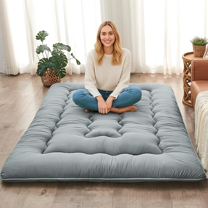 DAICO Japanese Floor Mattress, 4'' Thicken Futon Mattress Tatami Mat, Sleeping Pad Foldable Roll Up Mat for Camping and Guest Room, Queen Size 60''*80'', Grey