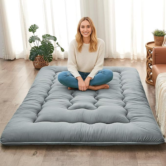 DAICO Japanese Floor Mattress, 4'' Thicken Futon Mattress Tatami Mat, Sleeping Pad Foldable Roll Up Mat for Camping and Guest Room, Queen Size 60''*80'', Grey