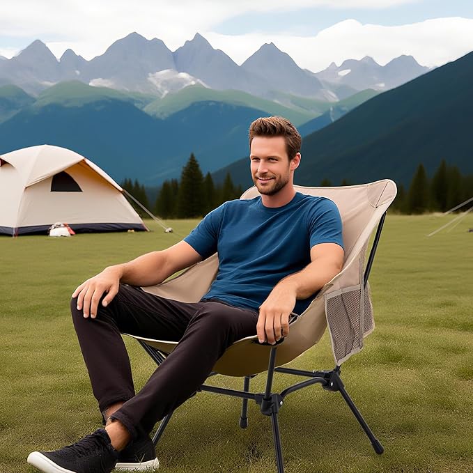 Camping Chair Portable Lightweight Camping Chairs for Adults Foldable 600D Oxford Ultralight Backpacking Chair with Breathable Mesh and Pocket for Outdoor Travel Hiking,Beige