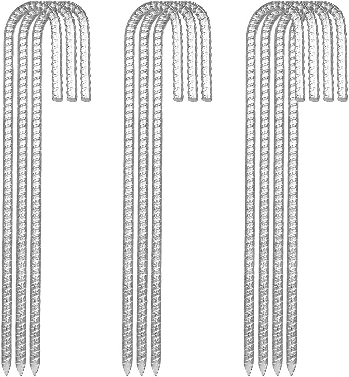 10 Pack 12”Galvanized Rebar Stakes J Hook, Heavy Duty J Hook Ground Anchors, Curved Steel Support Garden Stake with Chisel Point end for Fence Stakes, Canopies, Sheds, Swing Sets