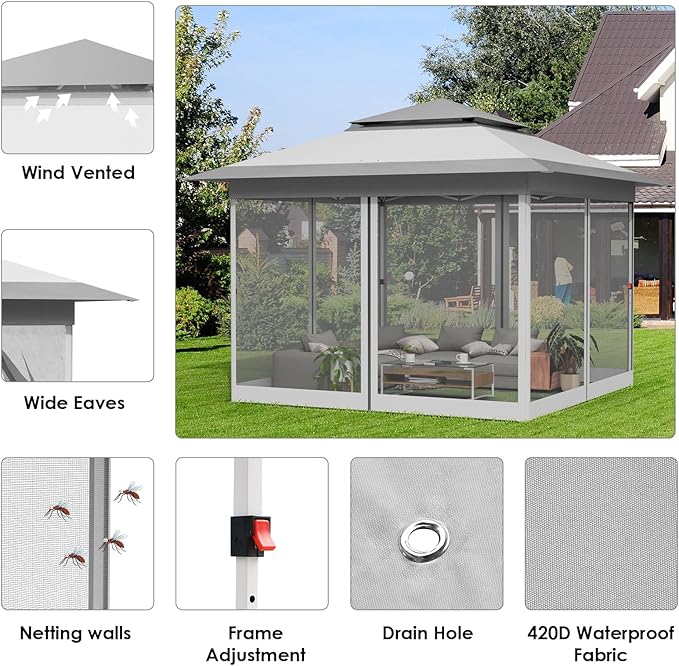 TLSUNNY 13' X 13' Pop Up Gazebo, Outdoor Canopy Tent W/4 Mesh Walls & Wheeled Bag, Screened Shelter with Netting, One-Person Set Up, Height Adjustable, for Patio, Yard, Party, Garden (Grey)