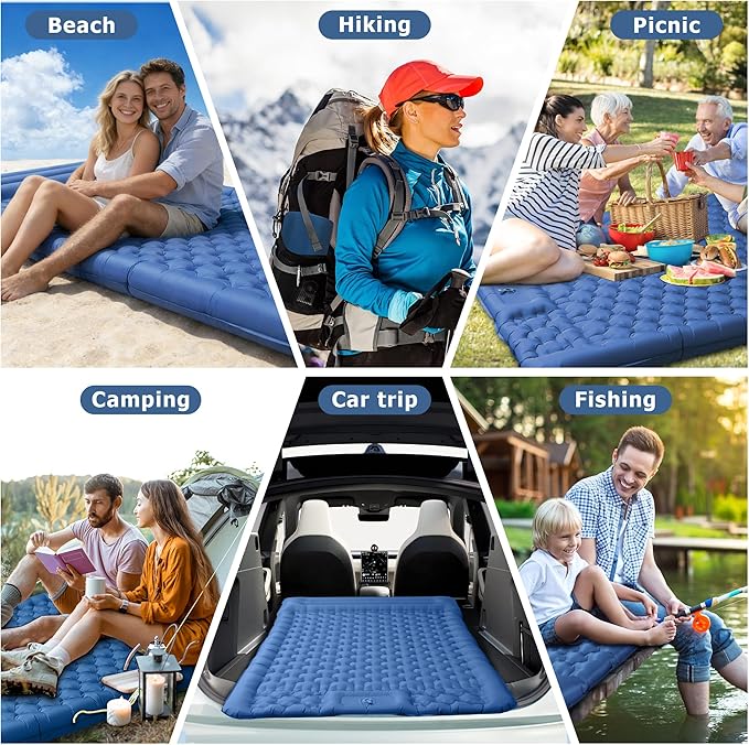 5.1" Thick Double Sleeping Pad with Foot Pump & Pillow, 77.5x53.9 2-Person Air Mattress for Camping, Ultralight & Compact for Backpacking, Hiking, Car Travel Navy Blue