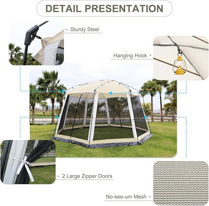 HYPER VENTURE Screen House 13x13 Feet Octagonal Mesh Canopy Camping Gazebo Shelter Tent for 8-10 People Outdoor Party Activities, Khaki