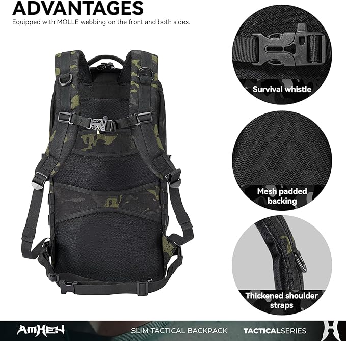 20L Slim Tactical Backpack - Suspended 13" Laptop Compartment, Rugged MOLLE Daypack for Everyday Carry, Work, Travel (Black Camo)