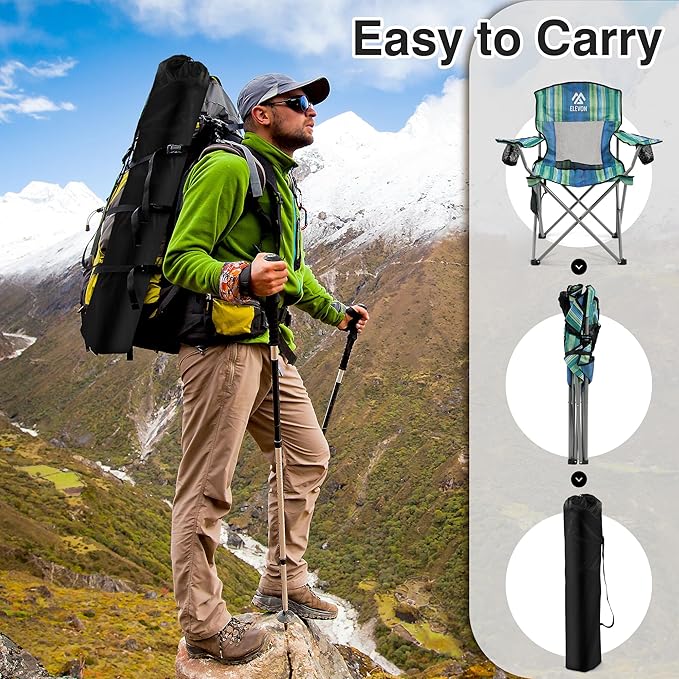 Elevon Folding Camping Chairs, Portable Outdoor Beach Chair for Adults with Carry Bag & Cup Holder, Foldable Lawn Chair with Mesh Backrest for Camp Fishing Hiking Travel Picnic Sports,