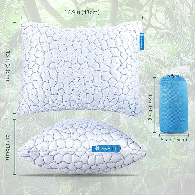 QUTOOL Small Travel Pillows for Sleeping, Cooling Memory Foam Camping Pillow, Backpacking for Hiking Gear, Portable Pillow with Travel Storage Bag, Camping Essentials for Adults Kids