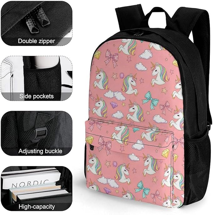 Daypack Polyester Anti-Theft Multipurpose Lovely Pink Unicorns Head Bookbag Big Capacity Gym Outdoor Hiking Backpack With Adjustable Shoulder Straps