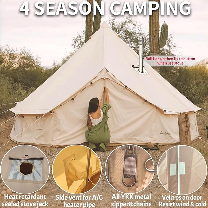 DANCHEL OUTDOOR 4 Season Canvas Bell Tent with Waterproof Rain Fly Tarp with Stove Jack for 6 Person Camping Glamping, 5m/16.4ft