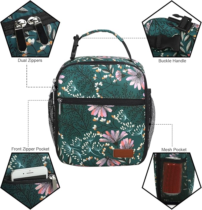 Lunch Box for Men Women Adults Small Lunch Bag for Office Work Picnic - Reusable Portable Lunchbox, Malachite Green Flower
