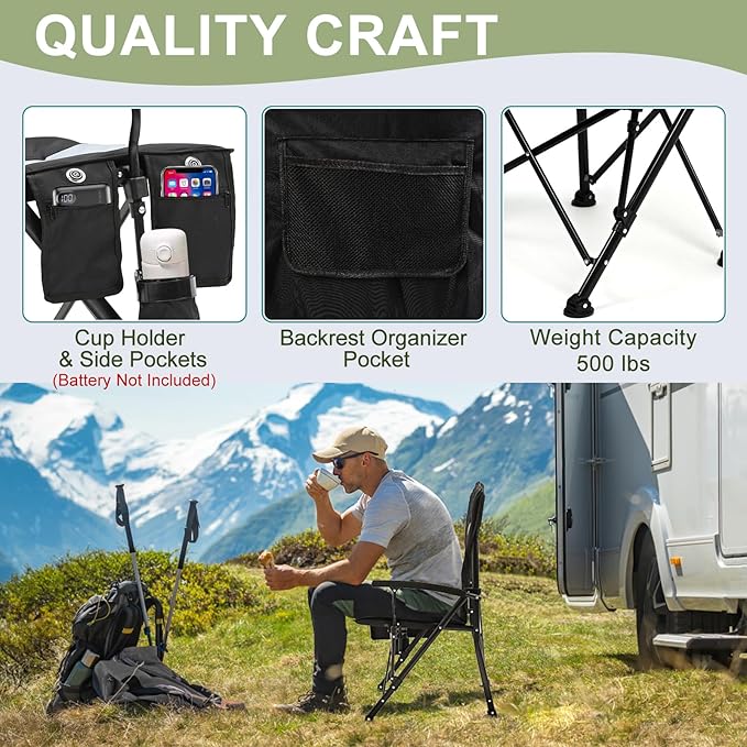 Slsy Heated Camping Chair, Outdoor Portable Heated Folding Chairs, Heated Camp Chair Seat Supports 500 lbs, Heating Chair for Outdoor Sports, Camping, Patio, and Picnics, Leather Black