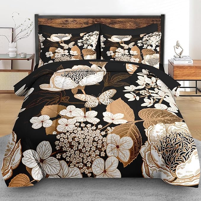 Comforter Set King Size, Hydrangea Butterfly Flower 7 Pcs Bedding for Kids and Adults, Black Gold Bed Sheet Sets with Fitted Sheet 2 Pillowcase & 2 Sham for Bedroom Bed Decor