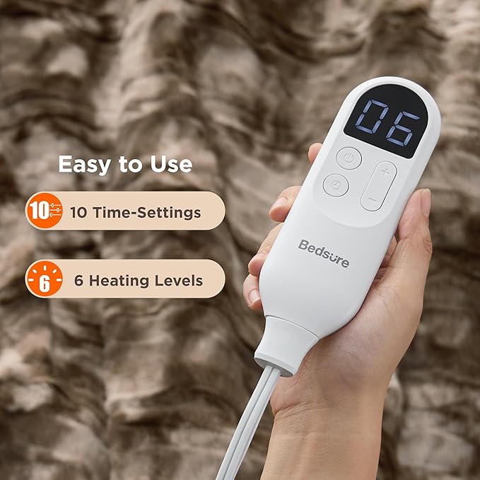 Bedsure Faux Fur Heated Blanket Full Size, Fast Heating Electric Blanket Full Size with 6 Heating Levels & 10 Time Settings, Cozy Gifts for Women Men (72x84 inches, Dark Chocolate)