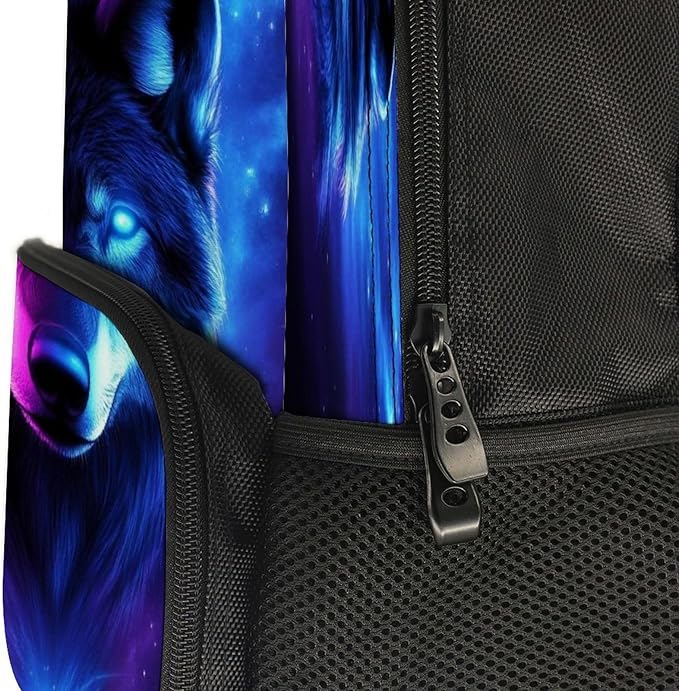 Daypack Backpack Polyester Anti-Theft Multipurpose Purple Universe Galaxy Magic Wolf In The Space Bookbag Big Capacity Travel Hiking Camping Rucksack With Smooth Zippers