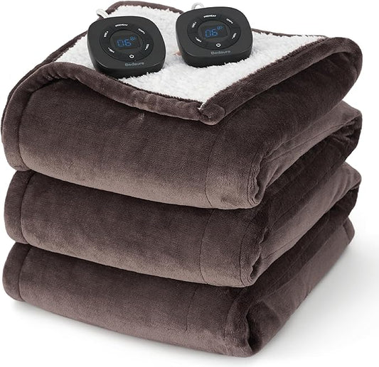 Bedsure Electric Blanket Queen Size - Dual Control Heated Blanket Queen, Fast Heating with 10 Time Settings & 10 Heat Settings, Warm Gift for Grandma (84x90 inches, Brown)