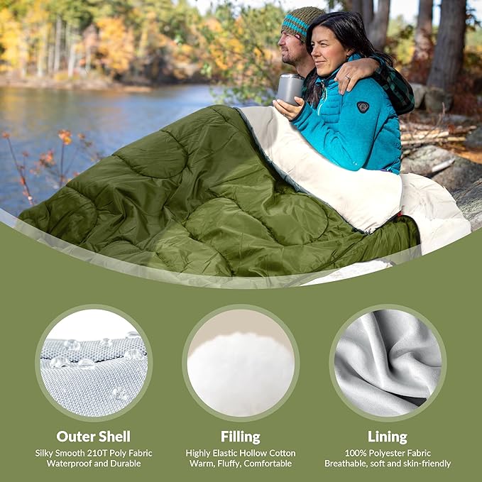 Elevon Double Sleeping Bag 2 Pillows for Adults, Queen Size XL Sleeping Bag Waterproof, Compact with Compression Sack, 2 Person Sleeping Bags Cold Warm Weather- 3 Seasons, Backpacking, Hiking, Travel