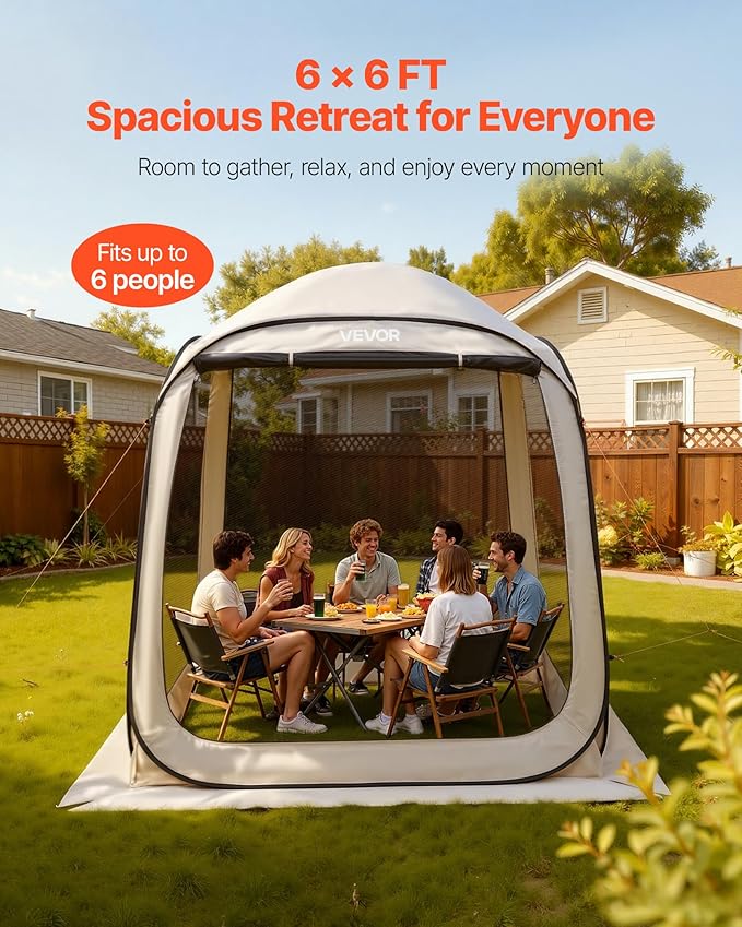 Screen House Tent VEVOR 6x6FT Pop-Up Screen Tent for 4–6 Person, Portable Screen Room Gazebo with Netting, Carry Bag & Ground Stakes, Instant Screen Canopy for Patio Backyard Garden Camping