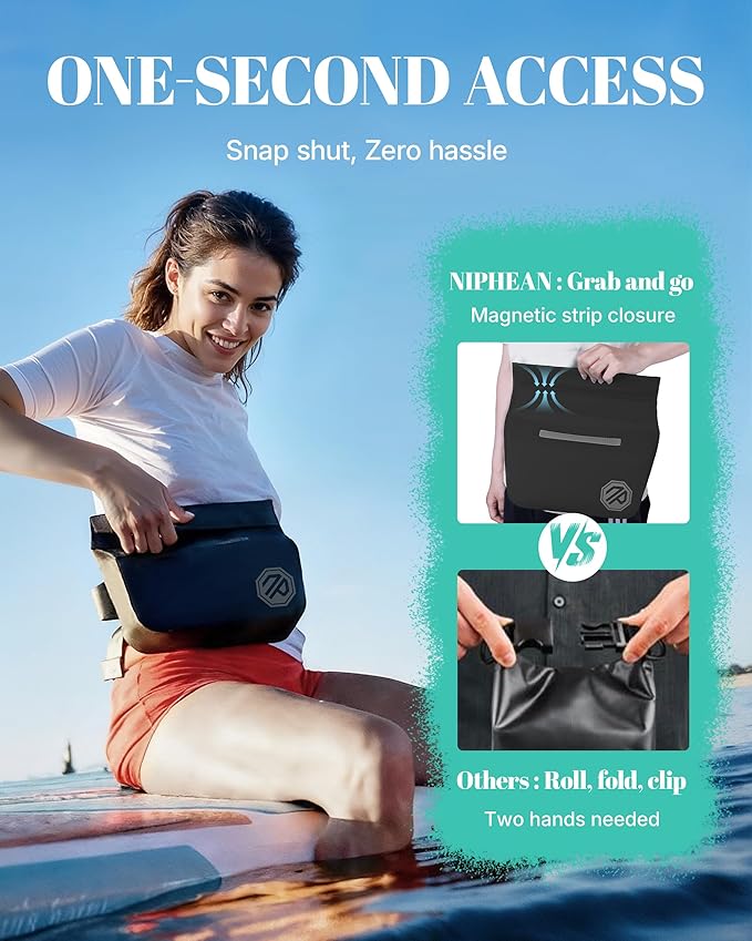 niphean IPX7 Waterproof Fanny Pack with Magnetic One-Hand Closure, Durable Waterproof Dry Bag, for Kayaking, Paddle Boarding, Beach Cruise Essentials, 2.5L Phone Pouch Dry Bags for Men Women, Black
